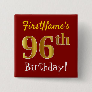 Badge Carré 5 Cm Rouge, Faux Gold 96e anniversaire, avec nom person
