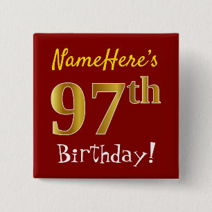 Badge Carré 5 Cm Rouge, Faux Gold 97e anniversaire, avec nom person