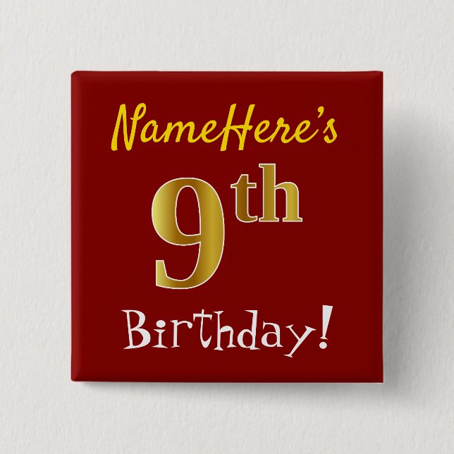 Badge Carré 5 Cm Rouge, Faux Gold 9e anniversaire, avec nom personn (Devant)