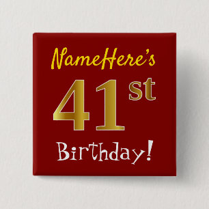 Badge Carré 5 Cm Rouge, Faux Or 41e Anniversaire, Avec Nom Personna