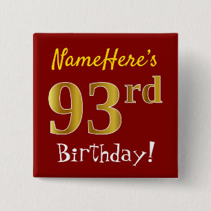 Badge Carré 5 Cm Rouge, Faux Or 93e Anniversaire, Avec Nom Personna