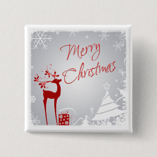 Badge Carré 5 Cm Rouge, Gris Joyeux Cerf de Noël, Arbres, Bouton de