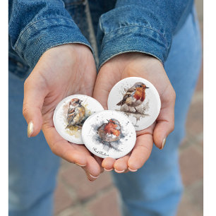 Badge Carré 5 Cm Rouge rouge de l'oiseau mignon en aquarelle