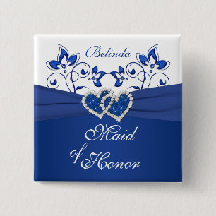 Badge Carré 5 Cm Royal Blue, Blanc Floral Maid of Honor Pin