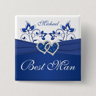 Badge Carré 5 Cm Royal Blue, Floral Blanc Meilleur Épingle Homme