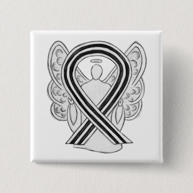 Badge Carré 5 Cm Ruban de sensibilisation à l'angle blanc et noir É (Devant)