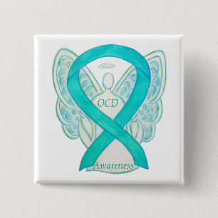 Badge Carré 5 Cm Ruban de sensibilisation OCD Turquoise Gardien Ang