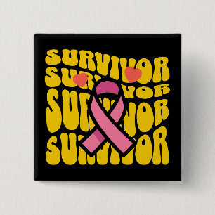 Badge Carré 5 Cm Ruban Rose Survivante du Cancer du Sein