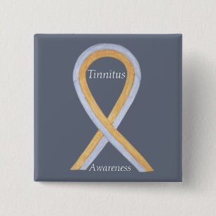 Badge Carré 5 Cm Ruban Tinnitus Gold/Silver Awareness Personnalisé