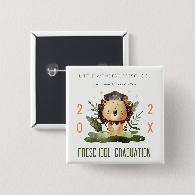 Badge Carré 5 Cm Rustic Cute Kids Lion Foliage Préscolaire Graduati (Devant & derrière)