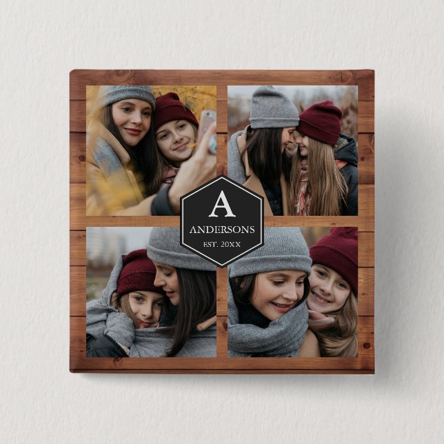 Badge Carré 5 Cm Rustic Grange Wood 4 Photos Famille Photo Collage (Devant)