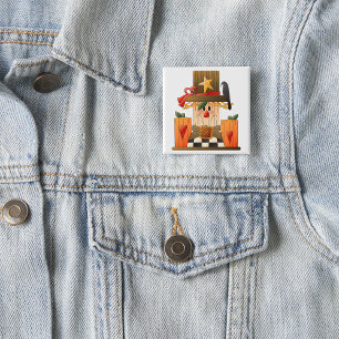 Badge Carré 5 Cm Rustique automne Scarecrow avec Citrouilles et Cor