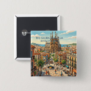 Badge Carré 5 Cm Sagrada Familia Barcelone Espagne Voyage Art Vinta