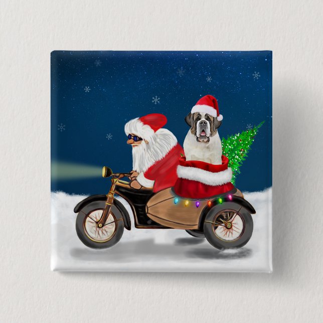 Badge Carré 5 Cm Saint Bernard Chien Noël Père Noël (Devant)