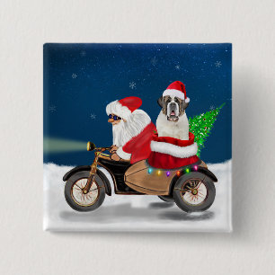 Badge Carré 5 Cm Saint Bernard Chien Noël Père Noël