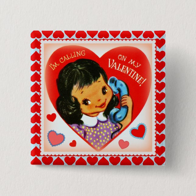 Badge Carré 5 Cm Saint Valentin Mignon Fille et Cœurs (Devant)