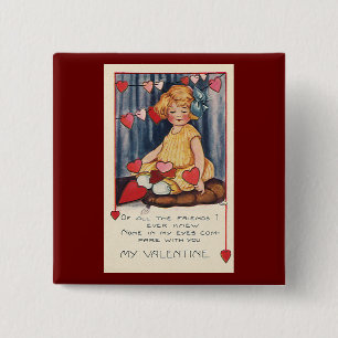 Badge Carré 5 Cm Saint-Valentin Mignon Vintage, Fille avec des Cœur