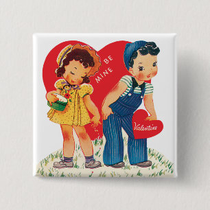 Badge Carré 5 Cm Saint-Valentin Rétro, Cœurs de Fille et de Garçon 