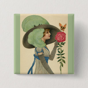 Badge Carré 5 Cm Saint-Valentin vintage, Papillon Rose rouge dame