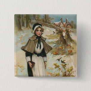 Badge Carré 5 Cm Salutations de Thanksgiving avec une femme pèlerin