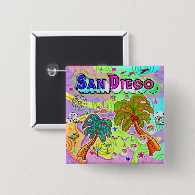 Badge Carré 5 Cm San Diego Vacation Target Button (Devant & derrière)