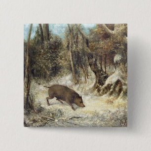 Badge Carré 5 Cm Sanglier dans la neige, signée comme Courbet