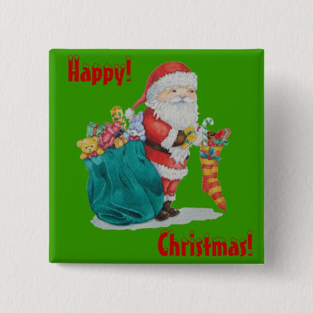 Badge Carré 5 Cm santa with green sack getting ready for christmas (Devant)