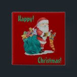 Badge Carré 5 Cm santa with green sack getting ready for christmas<br><div class="desc">This square festive green button/badge has a picture of Santa Claus holding a red and gold stripy christmas stocking that's overflowing with toys and gifts, his green Christmas sack is also filled with toys and gifts all wrapped and ready for the Christmas day delivery. The image is produced from an...</div>