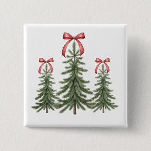 Badge Carré 5 Cm Sapin de Noël Ruban Rouge Rétro Joyeux Noël Xmas