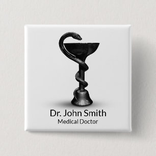 Badge Carré 5 Cm Saumon noir Médicale Bowl Hygieia blanc Caduceus