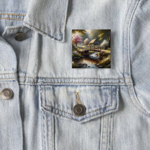 Badge Carré 5 Cm Scène de cottage printanier Cottagecore