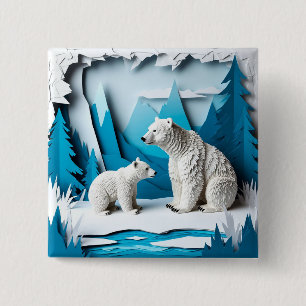 Badge Carré 5 Cm Scène de papercraft d'ours polaires dans une forêt