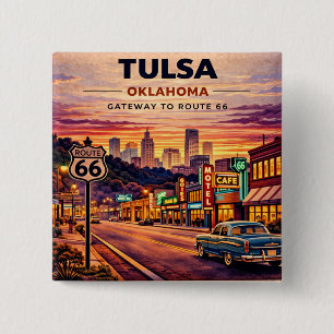Badge Carré 5 Cm Scène de voyage vintage sur la route 66 à Tulsa Ok