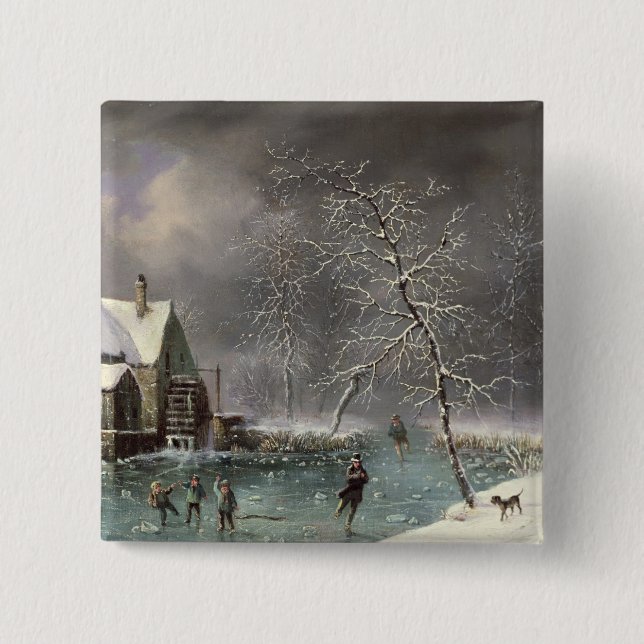 Badge Carré 5 Cm Scène d'hiver (Devant)