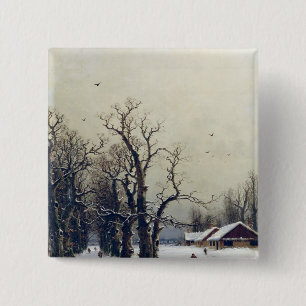 Badge Carré 5 Cm Scène d'hiver, 19ème siècle