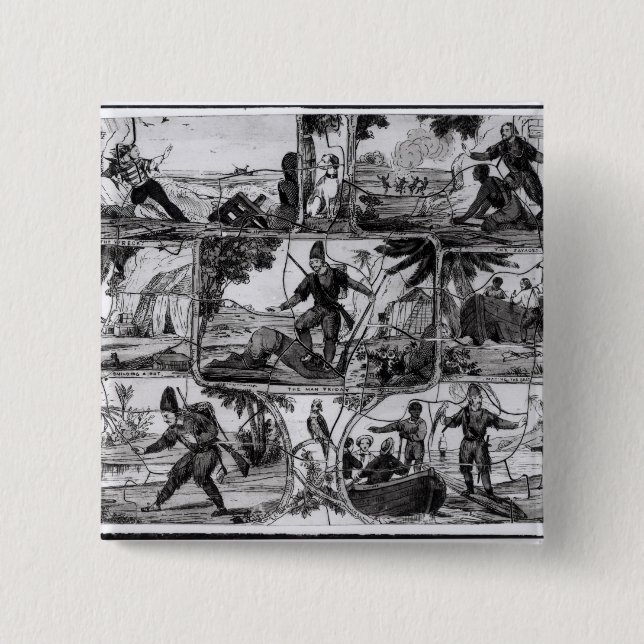 Badge Carré 5 Cm Scènes de "Robinson Crusoe" par Daniel Defoe (Devant)