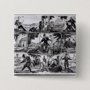 Badge Carré 5 Cm Scènes de "Robinson Crusoe" par Daniel Defoe