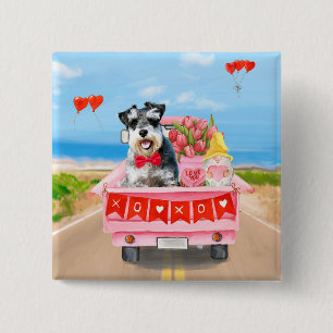 Badge Carré 5 Cm Schnauzer Chien Saint Valentin Coeurs de camion