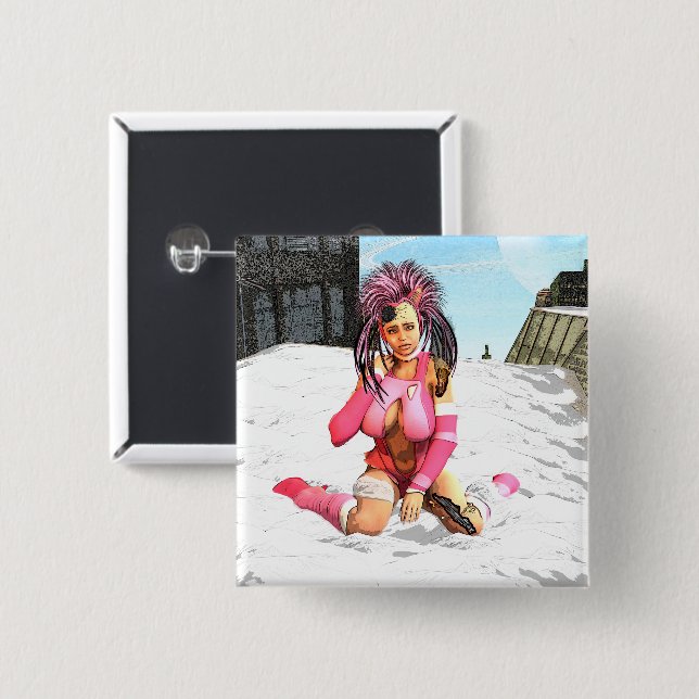 Badge Carré 5 Cm Sci Fi Femme Cyborg (Devant & derrière)