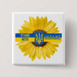 Badge Carré 5 Cm Se tenir avec Ukraine Sunflower et Trident Button