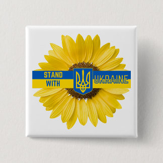 Badge Carré 5 Cm Se tenir avec Ukraine Sunflower et Trident Button