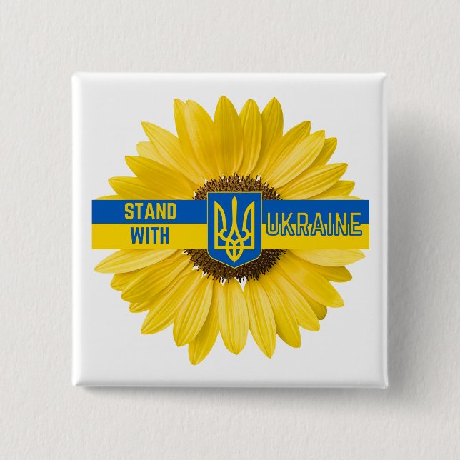 Badge Carré 5 Cm Se tenir avec Ukraine Sunflower et Trident Button (Devant)