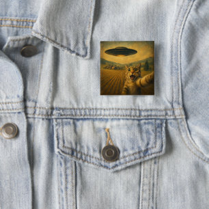 Badge Carré 5 Cm Selfie De Chat Avec Alien UFO Drôle Cadeaux De Cha