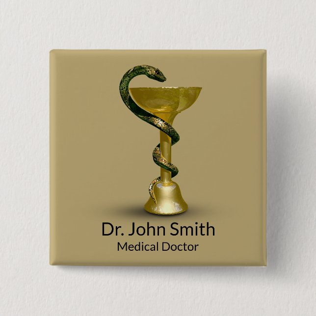 Badge Carré 5 Cm Serpent beige Médicale Bowl Hygieia Gold Caduceus (Devant)