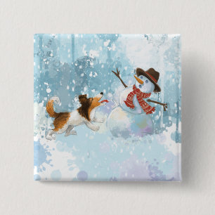 Badge Carré 5 Cm Sheldon le Sheltie et le Bonhomme de Neige