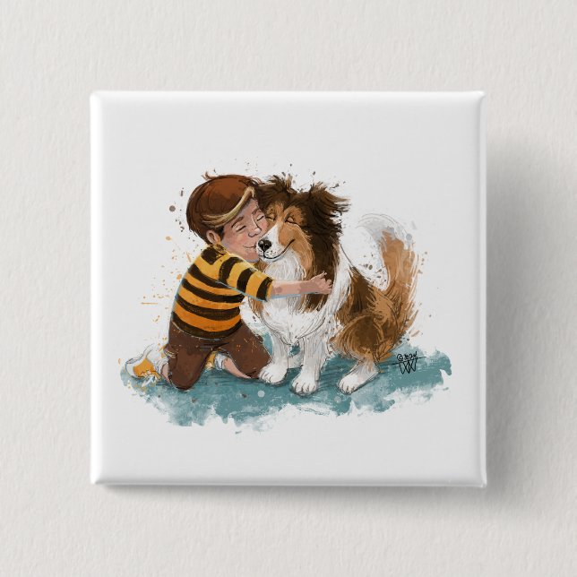 Badge Carré 5 Cm Sheltie et garçon câlinent (Devant)