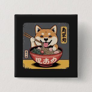 Badge Carré 5 Cm Shiba Inu Chien Mangeant Ramen
