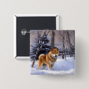 Badge Carré 5 Cm Shiba Inu Qu'il neige Noël 