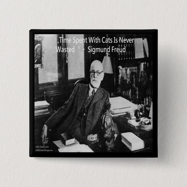 Badge Carré 5 Cm Sigmund Freud Dans Son Bureau & Citation de Chat D (Devant)