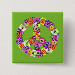 Badge Carré 5 Cm Signe de Paix Floral sur Fond Vert Lime